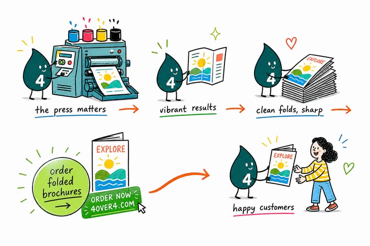 Wally, the 4OVER4 mascot holding a 4, cranking a printing press that turns one design into a stack of identical brochures, with an arrow to an order button