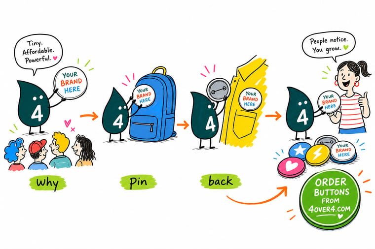 Wally, the 4OVER4 mascot with a 4, pinning a custom button to a jacket so the brand travels through the crowd