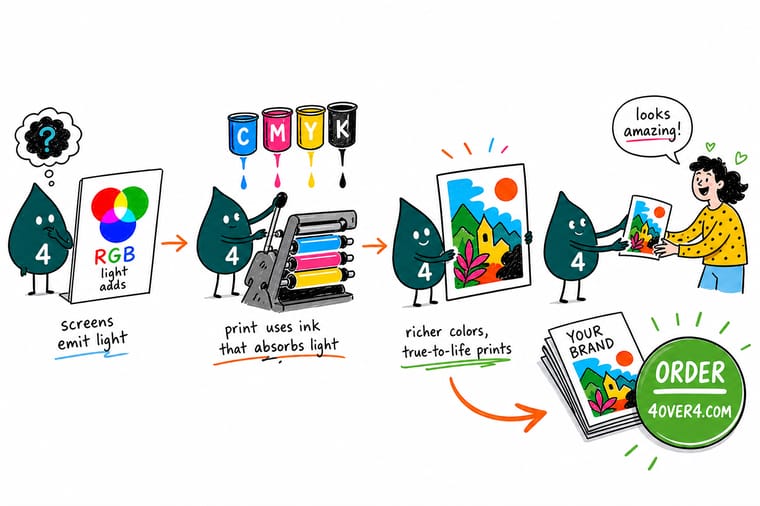 Wally, the 4OVER4 mascot with a 4, mixing cyan, magenta, yellow, and black ink drops into a full-color print
