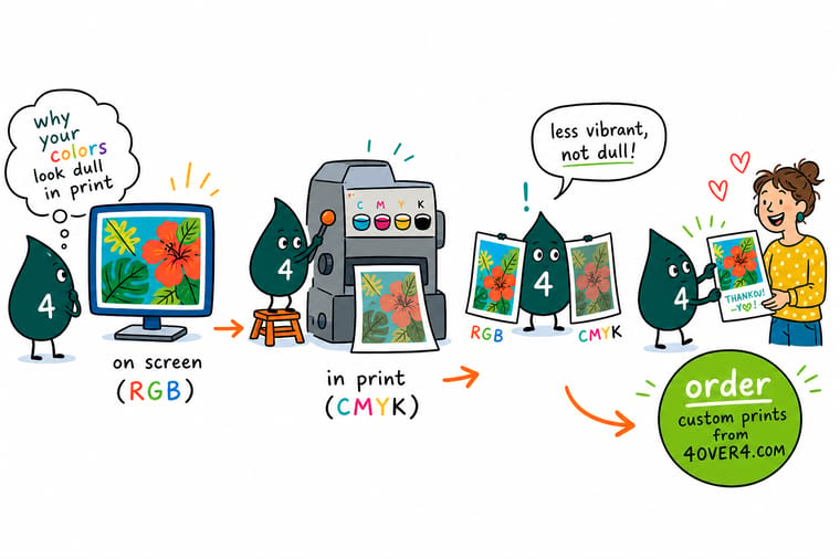 Wally, the 4OVER4 mascot with a 4, holding a glowing screen green swatch next to the calmer green that cyan and yellow ink actually mix on paper
