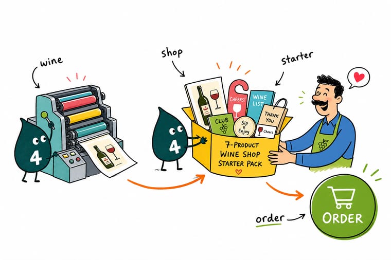 Wally, the 4OVER4 mascot holding a 4, arranging a wine shop with neck-tagged bottles, a tasting banner, a gift box, and a wine club counter card as one matching set