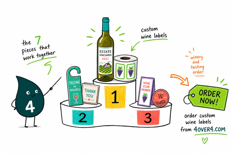 Wally, the 4OVER4 mascot holding a 4, arranging a wine label, neck hangtag, tasting menu, and coaster as one matching set on a tasting room table