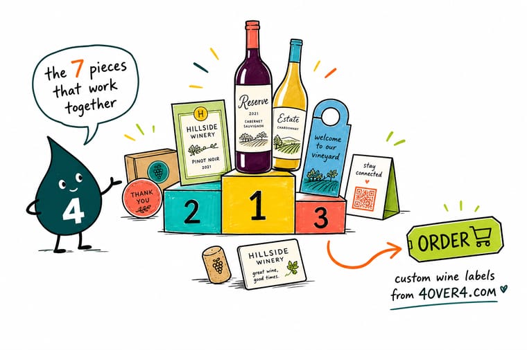 Wally, the 4OVER4 mascot holding a 4, arranging a wine label, bottle neck tag, tasting menu, and coaster as one matching set for a winery tasting room