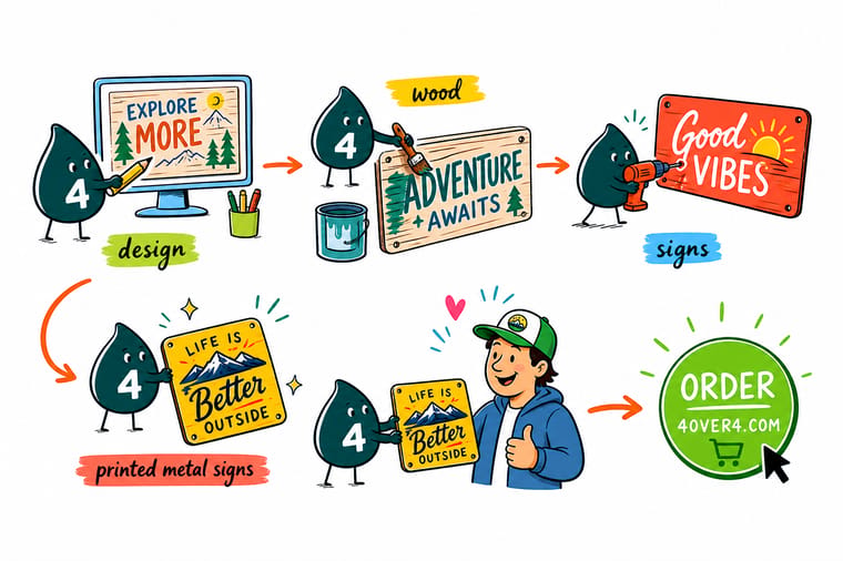 Wally, the 4OVER4 mascot holding a 4, hanging a rustic wood look sign while an arrow points to an order button
