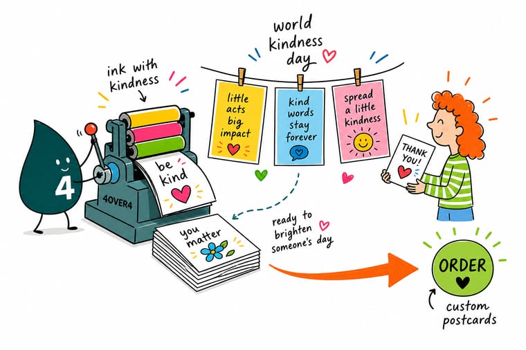 Wally, the 4OVER4 mascot, writing a short handwritten note on a printed kindness postcard at a desk