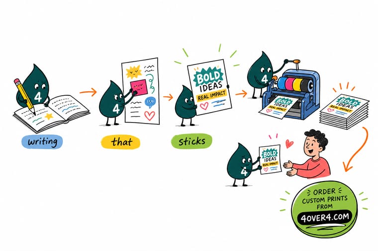 Wally, the 4OVER4 mascot with a 4, crossing out a vague slogan on a whiteboard and replacing it with a short line naming a real product and a real day