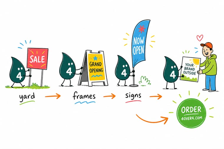 Wally, the 4OVER4 mascot with a 4, standing between a staked yard sign, an A-frame on the sidewalk and a tall feather flag, pointing at the ground under each one