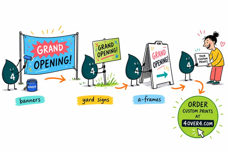 Wally, the 4OVER4 mascot with a 4, hanging a grand opening banner over a shop door while an A-frame sits on the sidewalk and yard signs line the approach