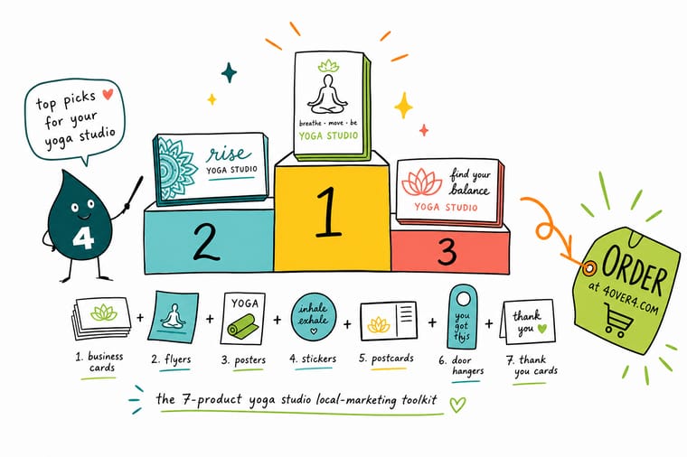 Wally, the 4OVER4 mascot holding a 4, laying out a yoga business card, gift certificate, poster, and logo sticker as one matching set