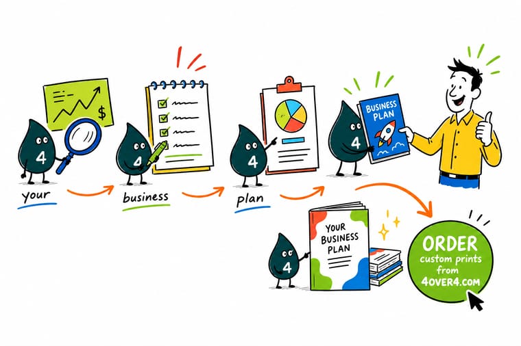 Wally, the 4OVER4 mascot with a 4, at a desk with a bound business plan open at the financial page and a folder of appendix proof beside it