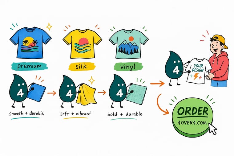Wally, the 4OVER4 mascot holding a 4, standing with a premium full-color tee, a silk-screened tee, and a vinyl-pressed tee, showing all three are printed in-house