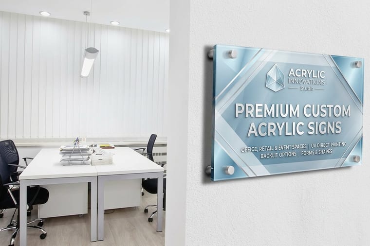 Clear acrylic business sign with a printed logo, standoff-mounted on a reception wall by 4OVER4