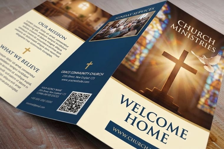 Folded church bulletin printed by 4OVER4 for a weekly service