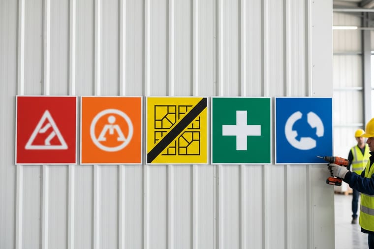 Color coded workplace safety signs in OSHA red, orange, yellow, green, and blue mounted on a facility wall