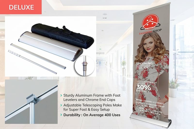 Retractable banner stand printed by 4OVER4 with a bold high-contrast design