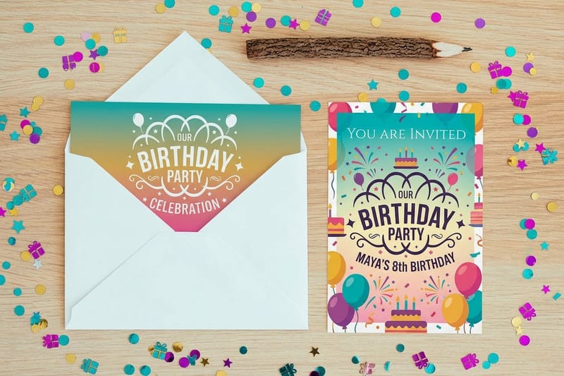 Colorful birthday party invitations with envelopes and confetti, printed by 4OVER4