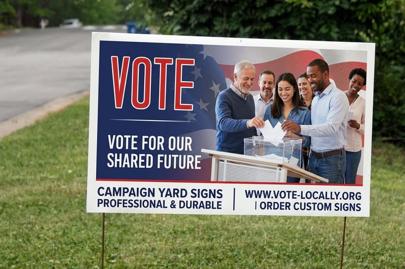 Campaign yard sign printed by 4OVER4, ready for a re-elect overlay sticker