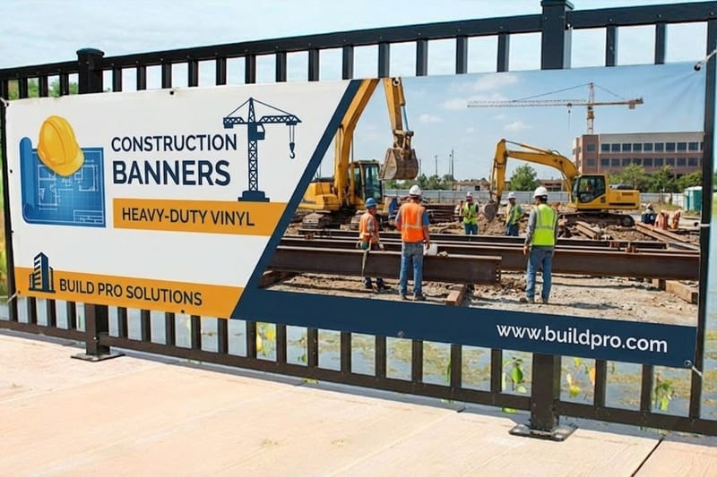Branded construction banner printed by 4OVER4.COM zip-tied to a jobsite fence