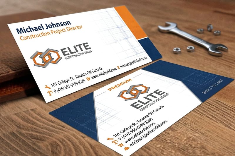 Durable construction business cards printed by 4OVER4.COM handed out at a jobsite walkthrough
