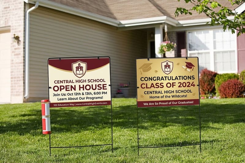 Education yard signs printed by 4OVER4.COM lined along a campus entrance promoting open enrollment