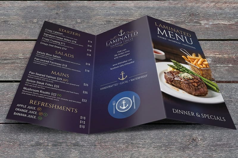 Laminated menus printed by 4OVER4.COM as a durable alternative to Canva Print paper menus