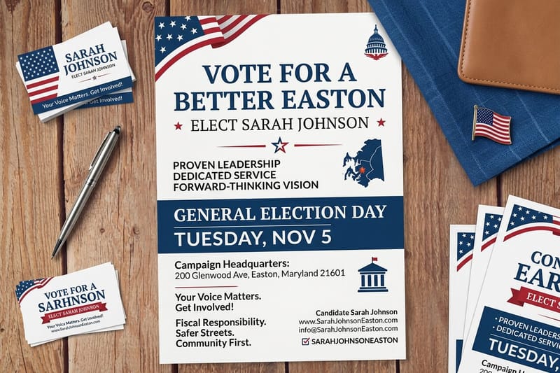 Political flyers printed by 4OVER4 in full color, showing campaign layout and typography