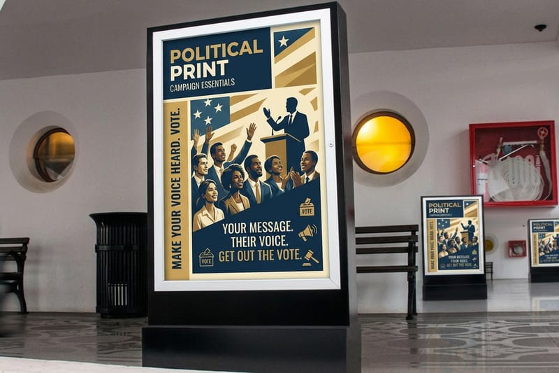 A campaign poster printed by 4OVER4 standing in a lobby poster display