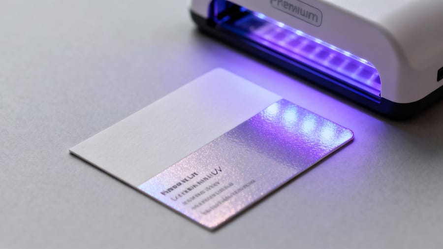 UV-coated business cards with a glossy finish, printed by 4OVER4