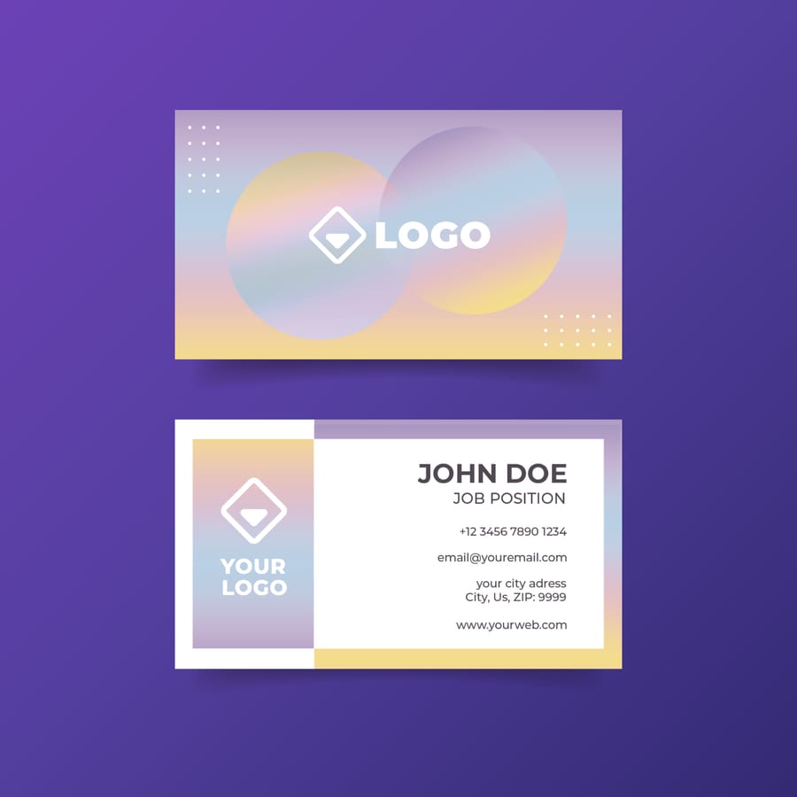 Clean holographic business card design with a single foil hero element, by 4OVER4
