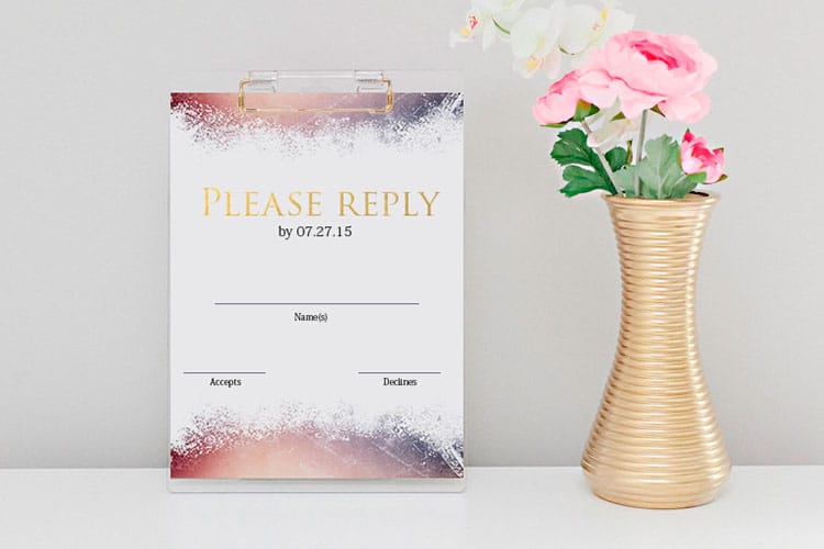 Postcard-style RSVP card with a return address, printed by 4OVER4