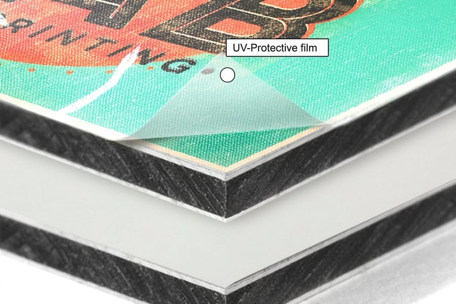 Aluminum sign panel printed by 4OVER4 with pre-drilled mounting holes and rounded corners