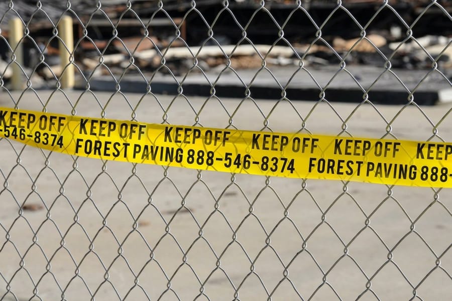 Barricade tape marking a construction hazard zone, printed by 4OVER4