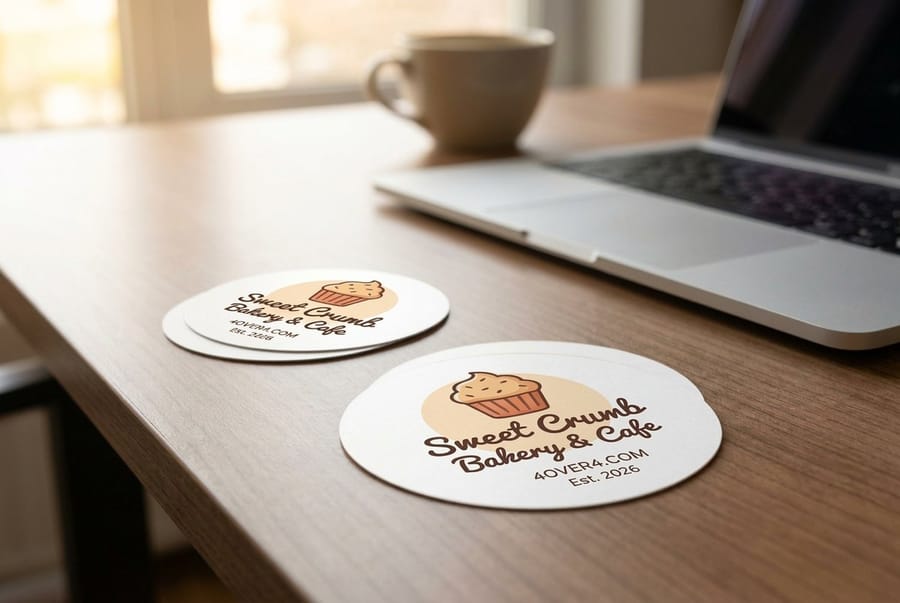 Circle business cards cut to a round outline, printed by 4OVER4