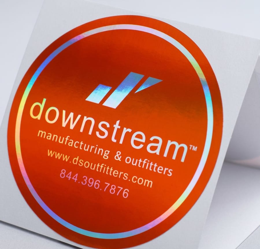 Holographic rainbow foil on custom stickers printed by 4OVER4