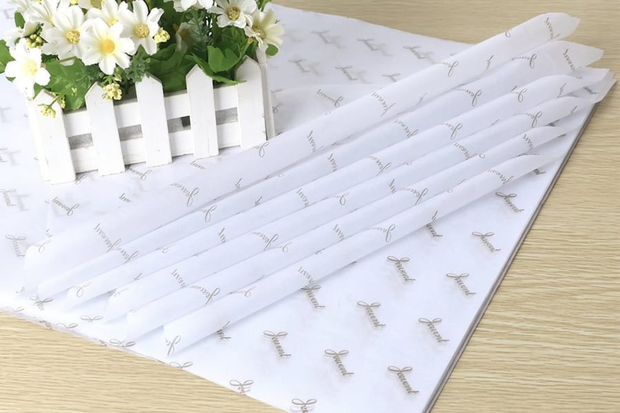 Food-safe printed wrapping paper lining a basket from 4OVER4