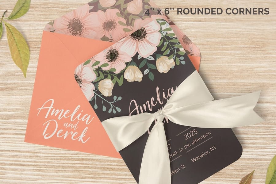 Die-cut postcard printed to a custom size by 4OVER4