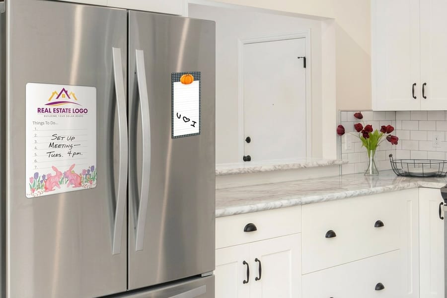 Printed dry erase magnets from 4OVER4 with a writable coating over a flexible magnetic sheet
