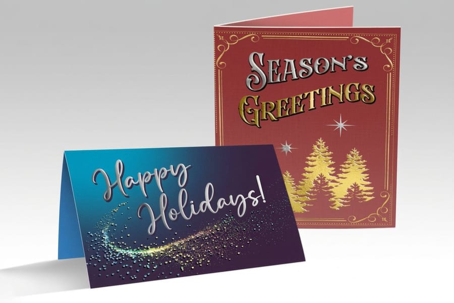 Dual raised greeting cards printed by 4OVER4 combining raised foil and raised spot UV