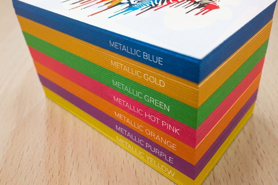 Edge painted business card printed by 4OVER4, ready for a scannable QR code