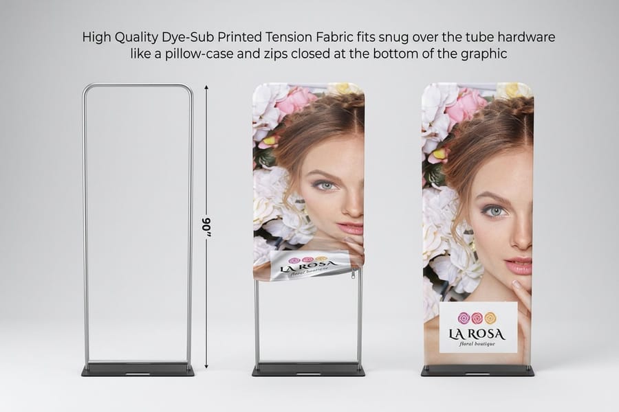 Fabric tube display back wall printed by 4OVER4 set up as a trade show booth