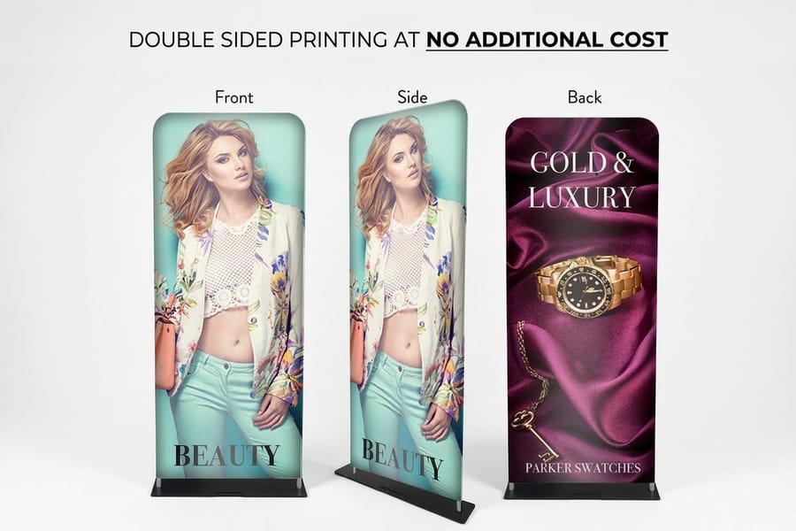 Fabric tube display printed by 4OVER4 with a one piece printed graphic stretched over an aluminum frame