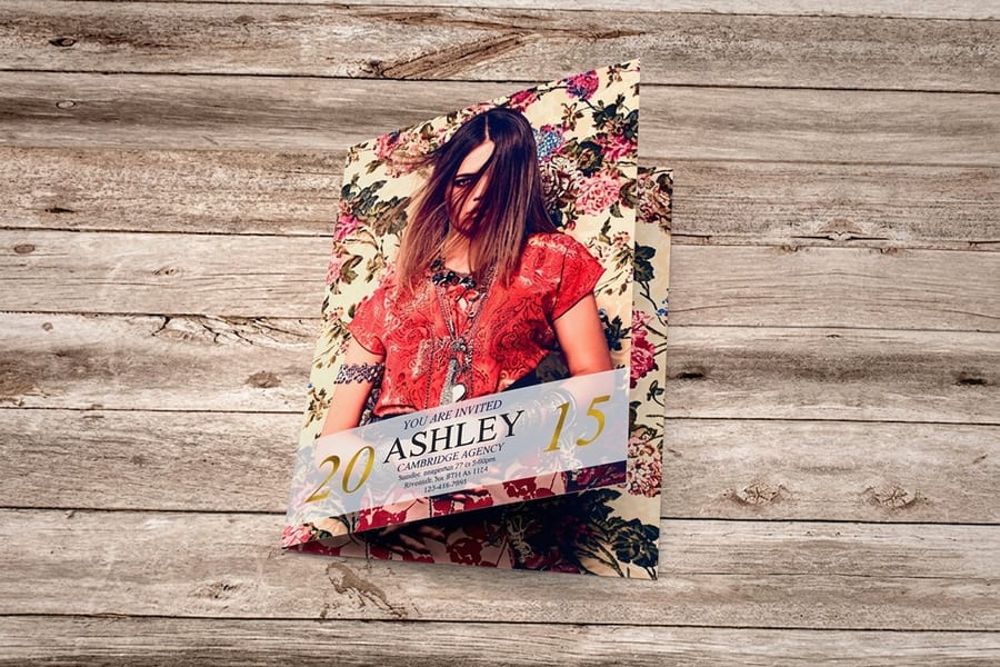 Folded invitation with a clean center crease, printed by 4OVER4