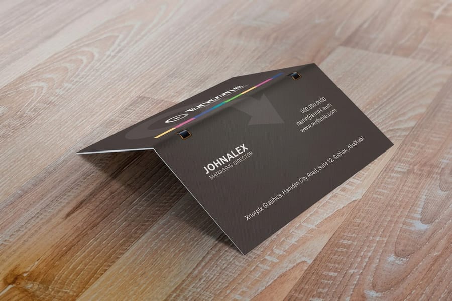 Folded foldover business cards that open to reveal more content, printed by 4OVER4