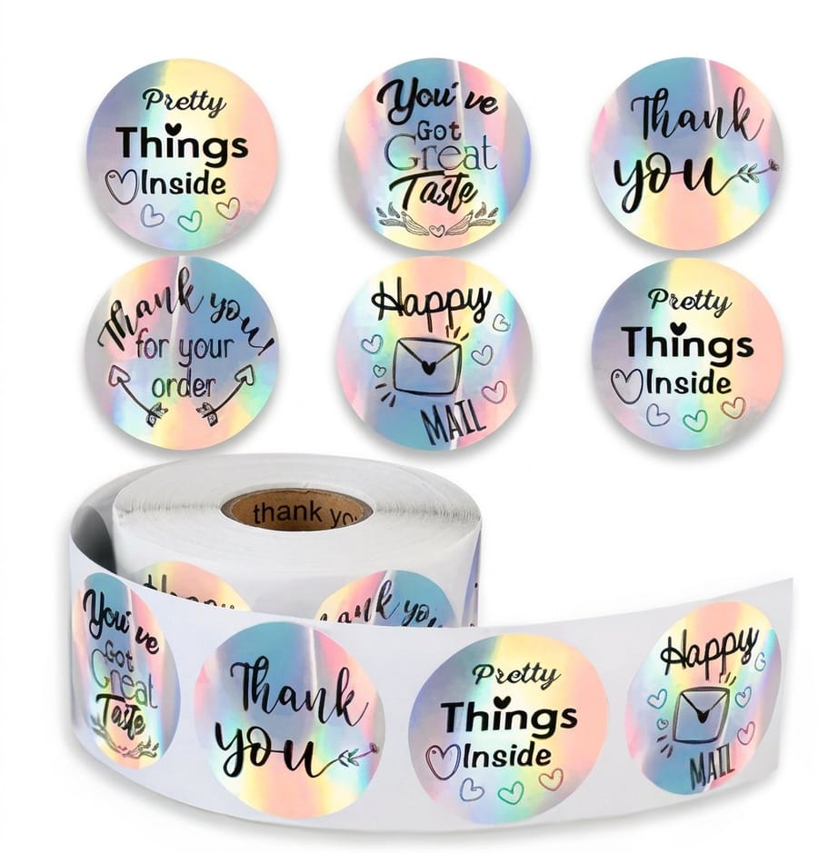 Holographic sticker roll printed by 4OVER4 with the rainbow face stock catching the light between printed areas