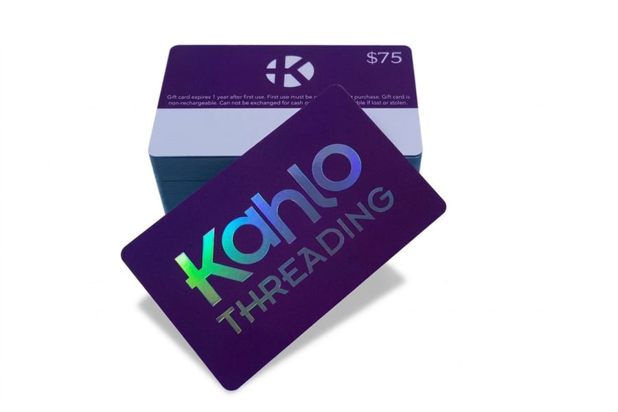 Holographic gift cards with a shimmering finish printed by 4OVER4