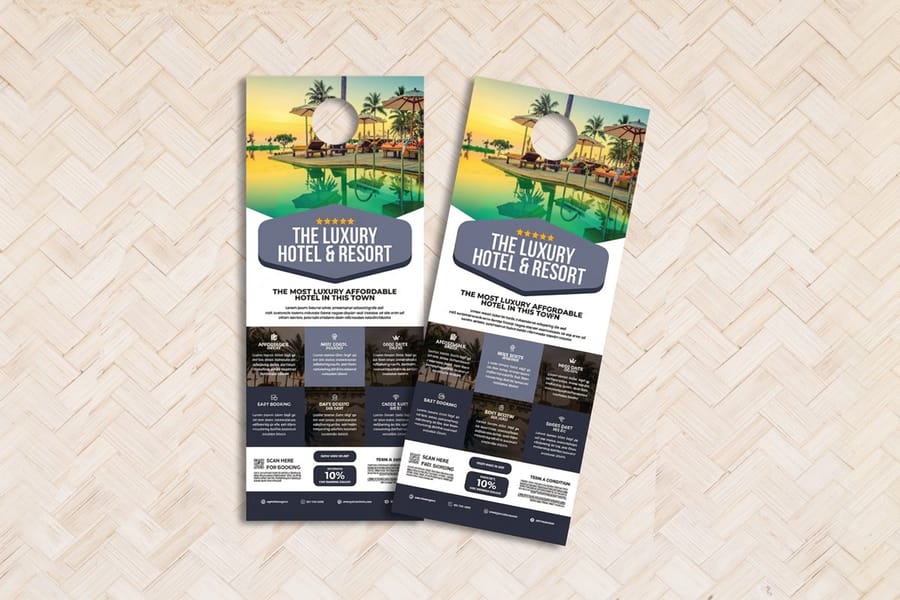 Hotel door hangers printed by 4OVER4 stacked on a counter before a route walk