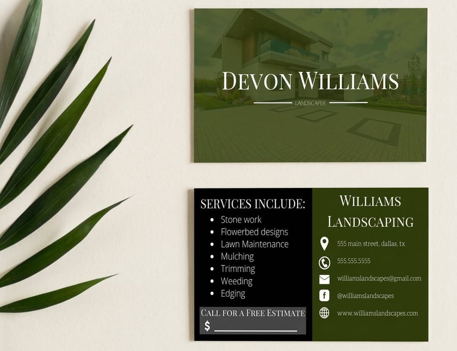 landscape design mockup on a 4OVER4.COM landscaping business card