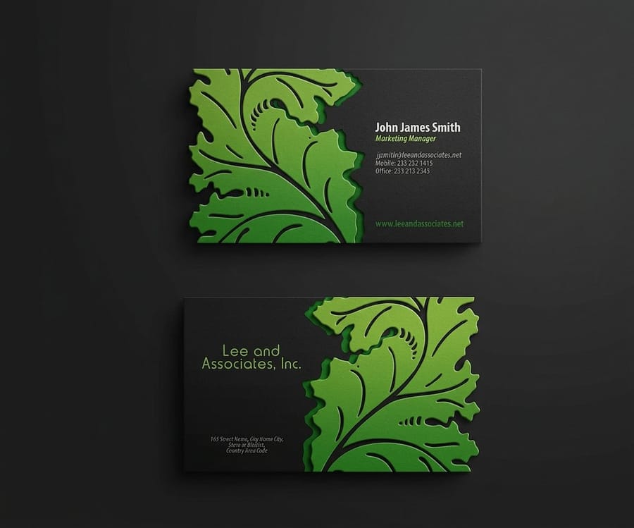 landscaping business card in a deep green and white palette, printed by 4OVER4.COM