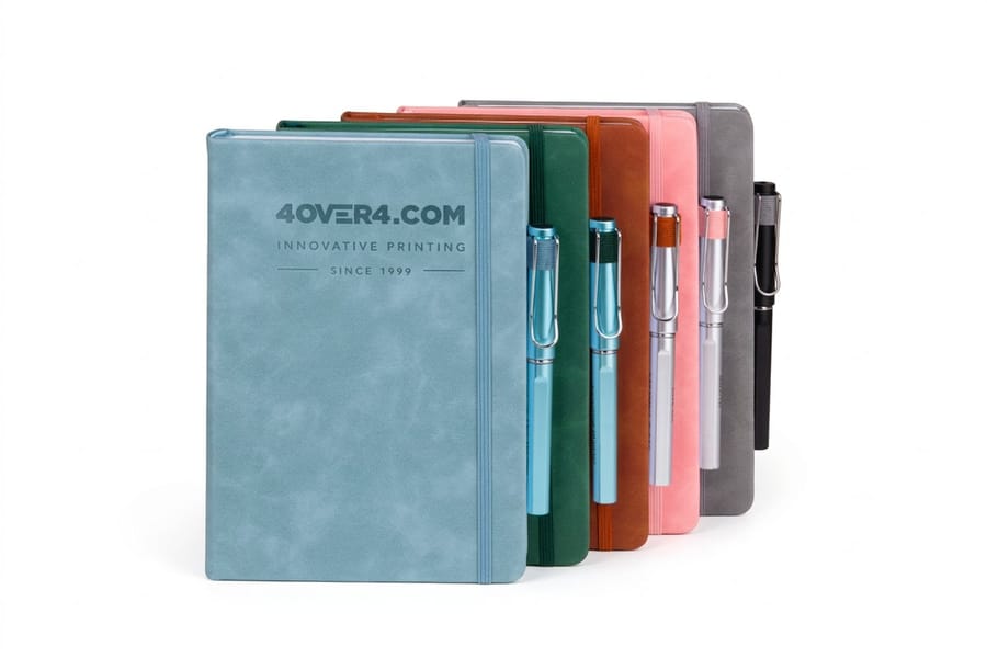 Leather journal covers printed by 4OVER4 showing the debossed finish that bonded leather takes