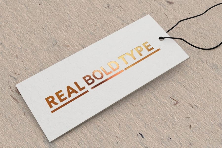 Metallic foil hangtags with a solid foil logo, printed by 4OVER4
